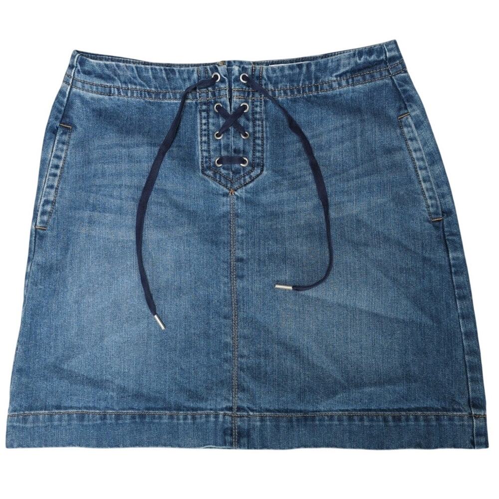 Ann Taylor LOFT Blue Denim Lace-Up Front Mini Skirt Size 6 Cotton Zip Back